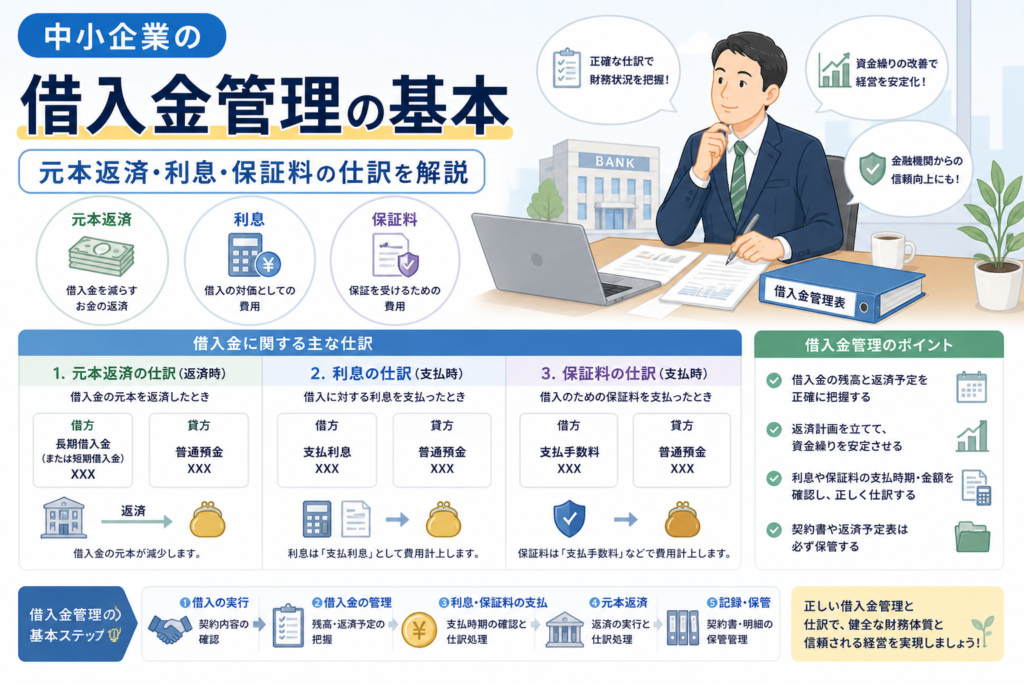 中小企業の借入金管理について、元本返済、利息、保証料の仕訳や返済予定の管理方法を、銀行、借入金管理表、会計帳簿、チェックリストのイラストでわかりやすく表したアイキャッチ画像。