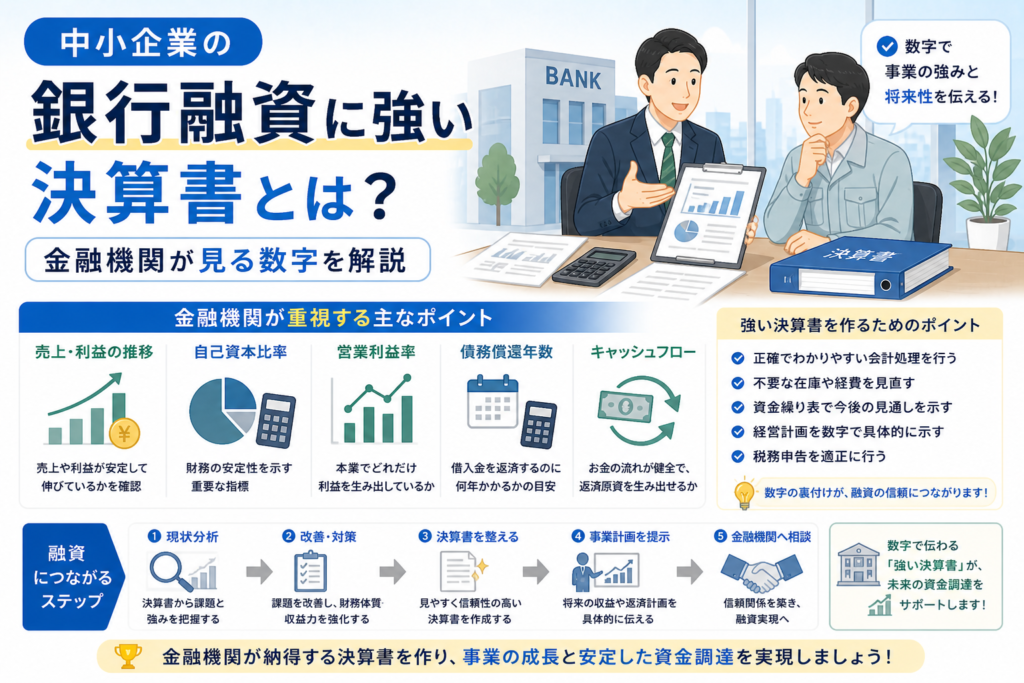 中小企業の銀行融資に強い決算書について、金融機関が重視する売上・利益の推移、自己資本比率、営業利益率、債務償還年数、キャッシュフローなどの数字を、銀行担当者との相談場面やグラフ、決算書のイラストでわかりやすく表したアイキャッチ画像。