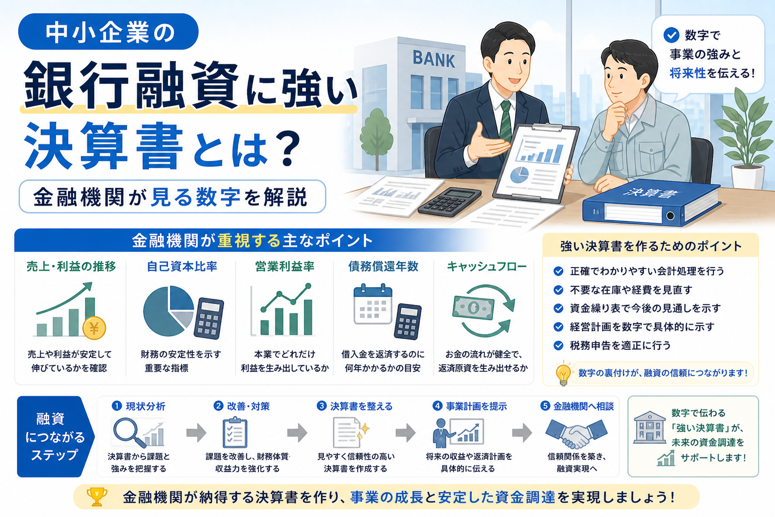 中小企業の銀行融資に強い決算書について、金融機関が重視する売上・利益の推移、自己資本比率、営業利益率、債務償還年数、キャッシュフローなどの数字を、銀行担当者との相談場面やグラフ、決算書のイラストでわかりやすく表したアイキャッチ画像。