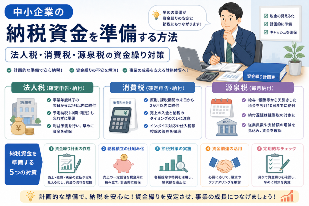 中小企業の納税資金準備について、法人税・消費税・源泉税の納付時期や資金繰り対策を、資金繰り計画表、税務書類、銀行、チェックリストのイラストでわかりやすく表したアイキャッチ画像。
