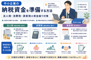 中小企業の納税資金準備について、法人税・消費税・源泉税の納付時期や資金繰り対策を、資金繰り計画表、税務書類、銀行、チェックリストのイラストでわかりやすく表したアイキャッチ画像。