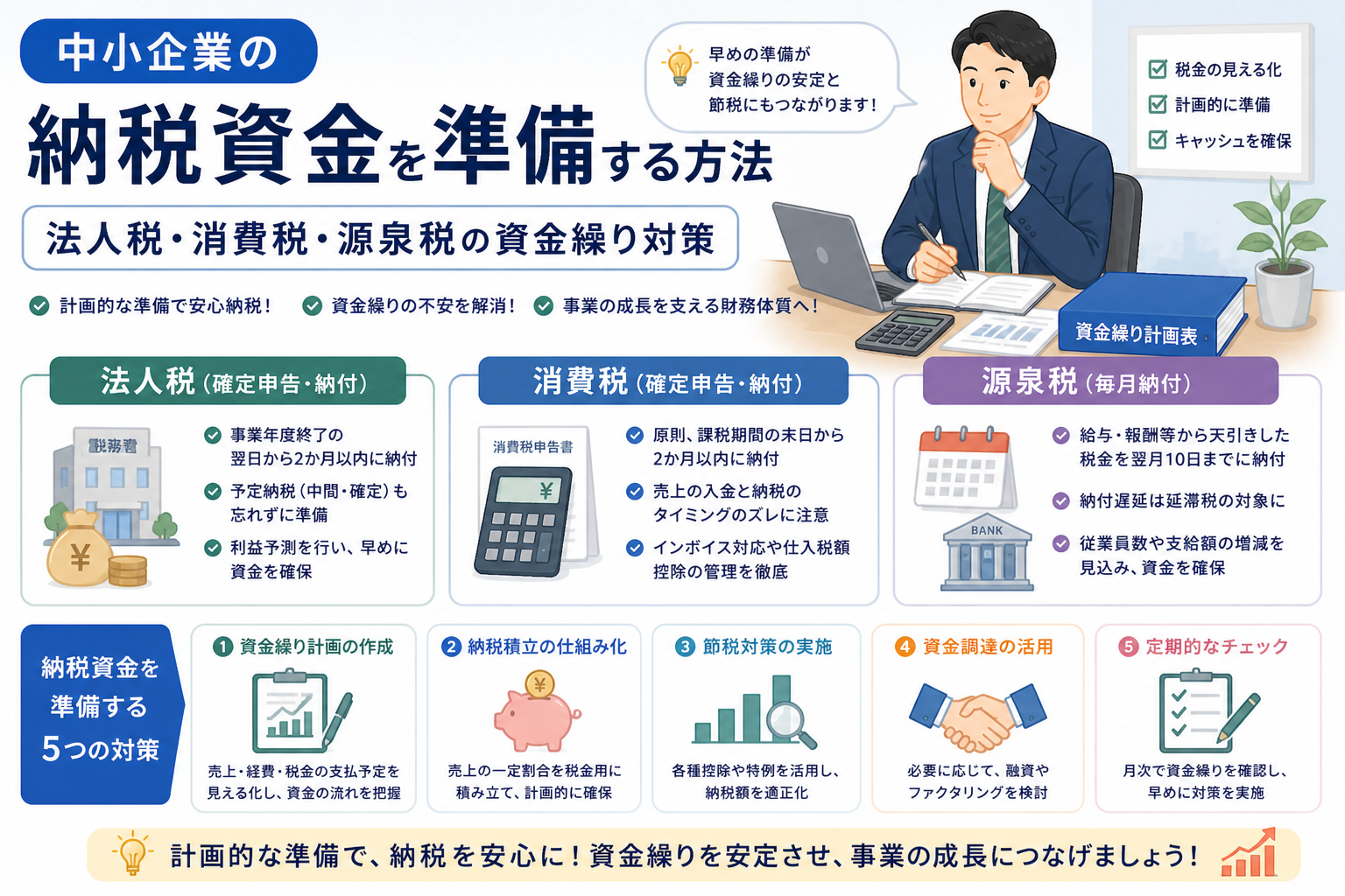 中小企業の納税資金準備について、法人税・消費税・源泉税の納付時期や資金繰り対策を、資金繰り計画表、税務書類、銀行、チェックリストのイラストでわかりやすく表したアイキャッチ画像。