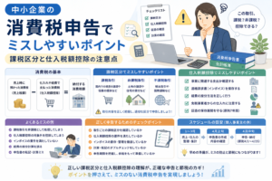 中小企業の消費税申告について、課税区分や仕入税額控除でミスしやすいポイント、証憑確認や申告前チェックの流れを、会計帳簿、申告書、チェックリストのイラストでわかりやすく表したアイキャッチ画像。
