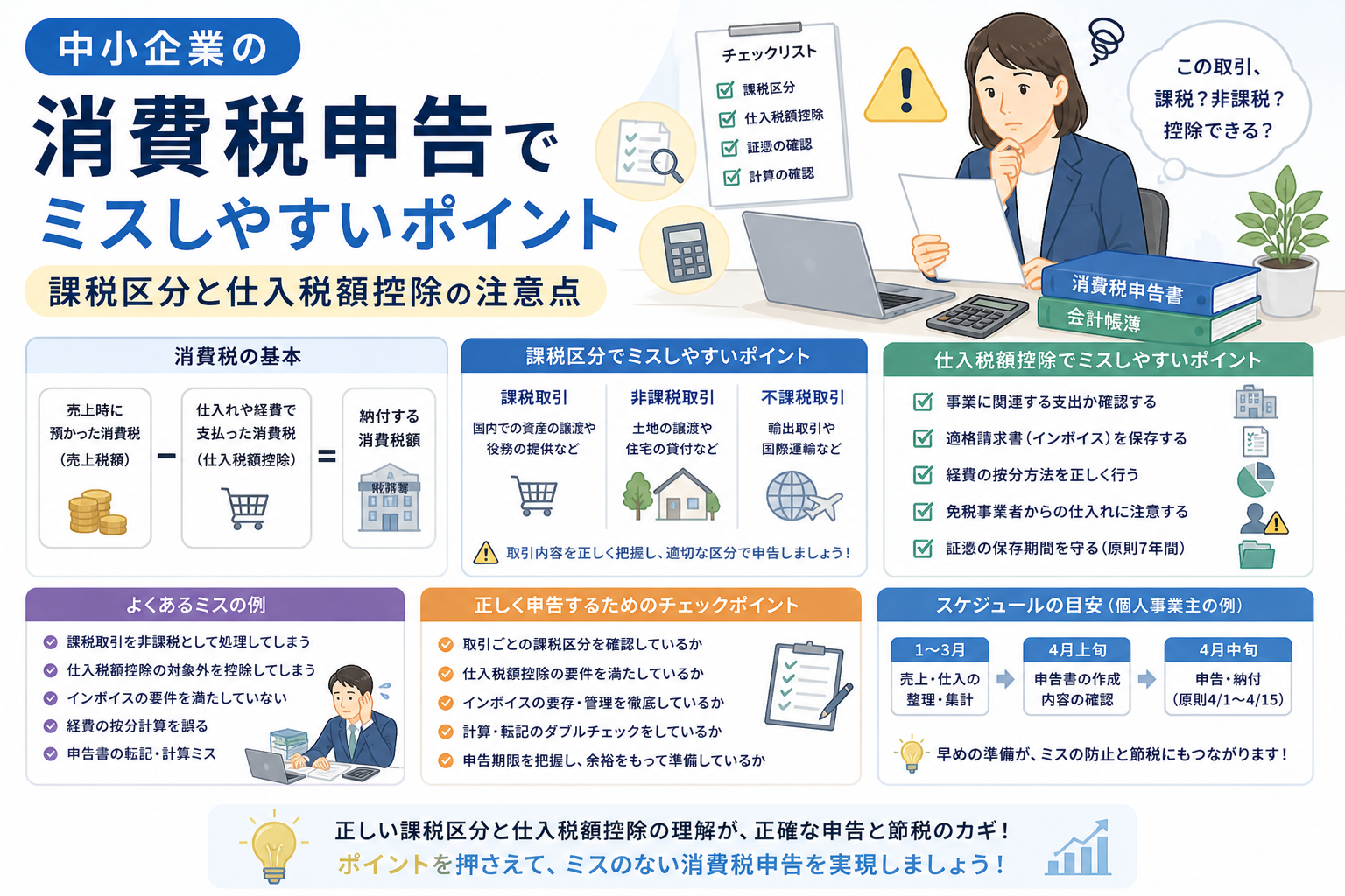 中小企業の消費税申告について、課税区分や仕入税額控除でミスしやすいポイント、証憑確認や申告前チェックの流れを、会計帳簿、申告書、チェックリストのイラストでわかりやすく表したアイキャッチ画像。