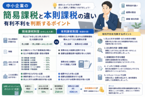 中小企業の簡易課税と本則課税について、みなし仕入率による計算方法と実額計算の違い、有利不利を判断するポイントを、比較表や電卓、チェックリストのイラストでわかりやすく表したアイキャッチ画像。
