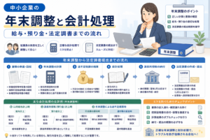 中小企業の年末調整と会計処理について、給与計算、預り金処理、源泉所得税の納付、法定調書の作成・提出までの流れを、書類や電卓、会計帳簿、チェックリストのイラストでわかりやすく表したアイキャッチ画像。