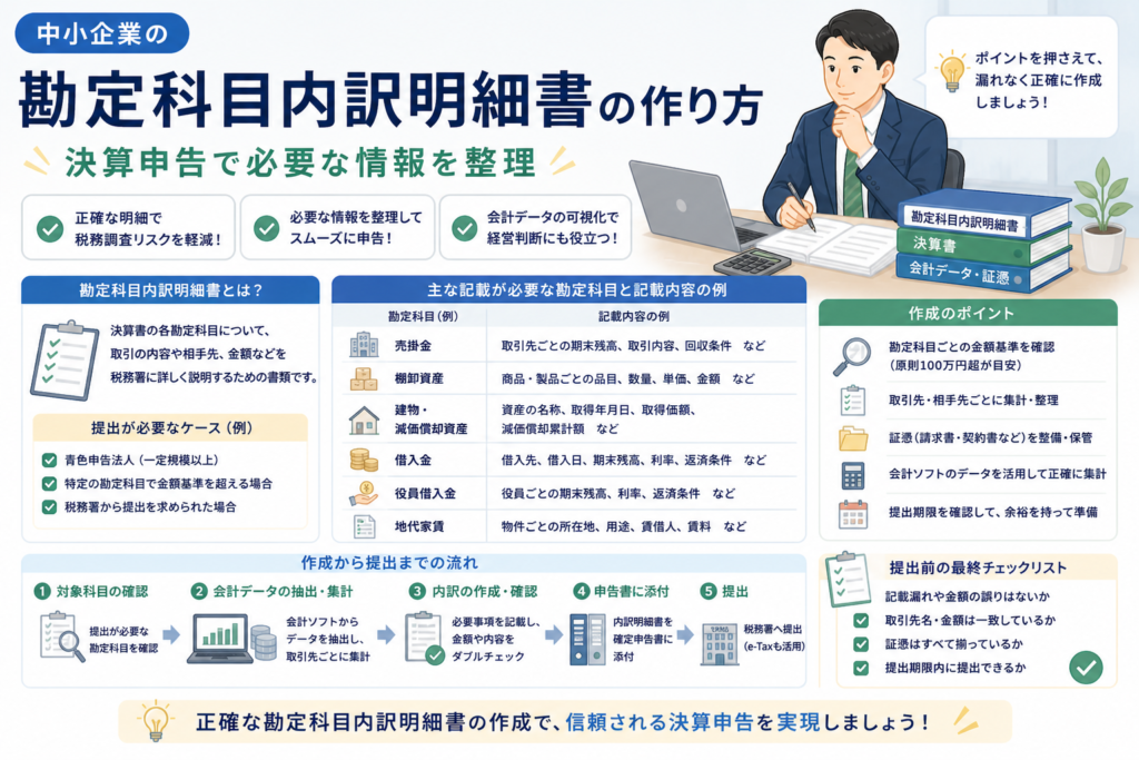 中小企業の勘定科目内訳明細書について、決算申告で必要な売掛金、棚卸資産、借入金、役員借入金、地代家賃などの情報整理や作成・提出の流れを、会計データやチェックリストのイラストでわかりやすく表したアイキャッチ画像。