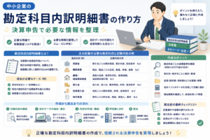 中小企業の勘定科目内訳明細書について、決算申告で必要な売掛金、棚卸資産、借入金、役員借入金、地代家賃などの情報整理や作成・提出の流れを、会計データやチェックリストのイラストでわかりやすく表したアイキャッチ画像。