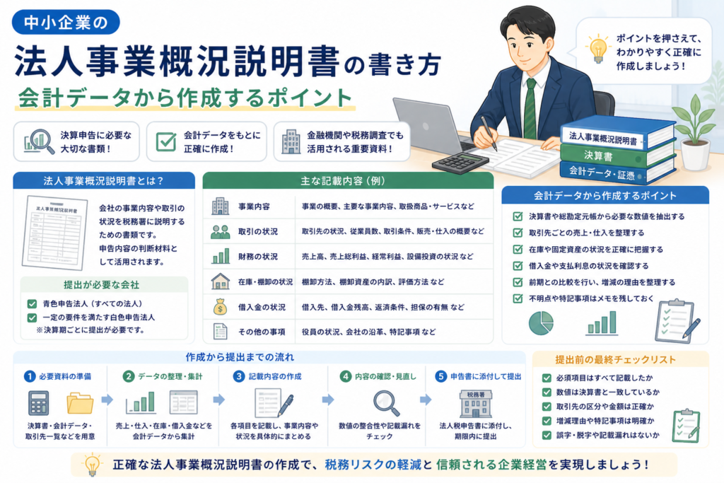 中小企業の法人事業概況説明書について、事業内容、取引状況、財務状況、在庫・棚卸、借入金などの情報を会計データから整理し、作成・提出する流れをわかりやすく表したアイキャッチ画像。