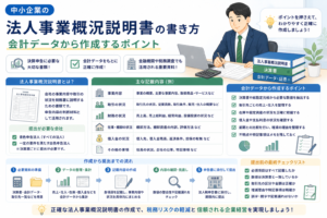 中小企業の法人事業概況説明書について、事業内容、取引状況、財務状況、在庫・棚卸、借入金などの情報を会計データから整理し、作成・提出する流れをわかりやすく表したアイキャッチ画像。