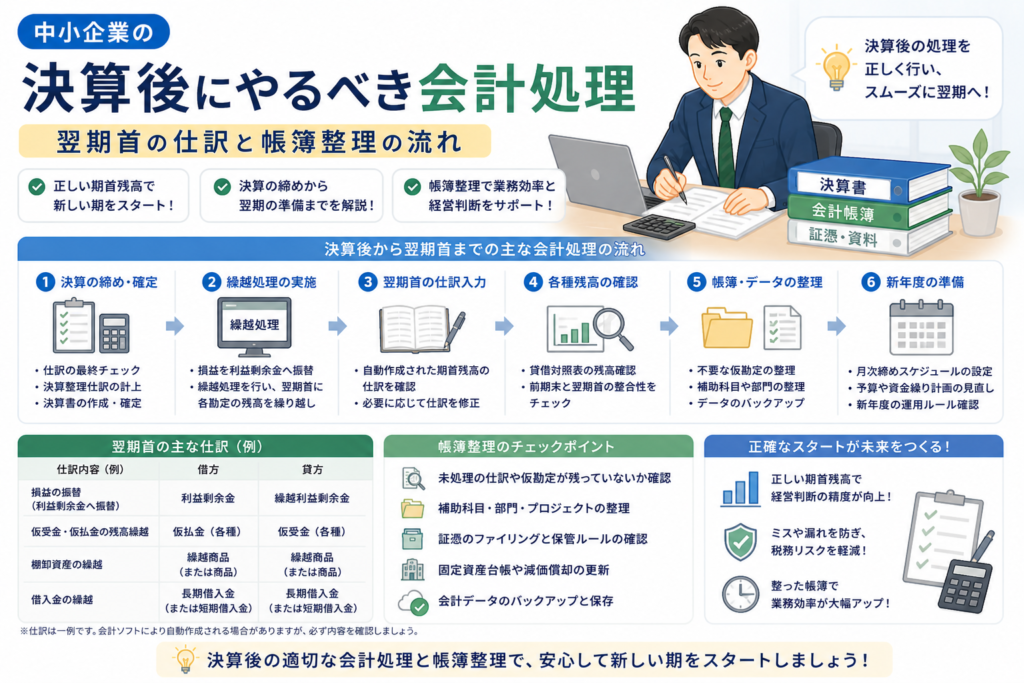 中小企業の決算後に行う会計処理について、決算の締め、繰越処理、翌期首の仕訳、残高確認、帳簿整理、新年度準備までの流れを、決算書や会計帳簿、チェックリストのイラストでわかりやすく表したアイキャッチ画像。