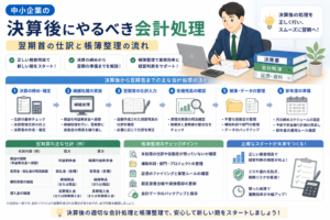 中小企業の決算後に行う会計処理について、決算の締め、繰越処理、翌期首の仕訳、残高確認、帳簿整理、新年度準備までの流れを、決算書や会計帳簿、チェックリストのイラストでわかりやすく表したアイキャッチ画像。