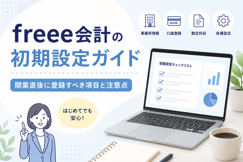 freee会計の初期設定で開業直後に登録すべき事業所情報、口座、勘定科目、各種設定をチェックリスト形式で解説するアイキャッチ画像