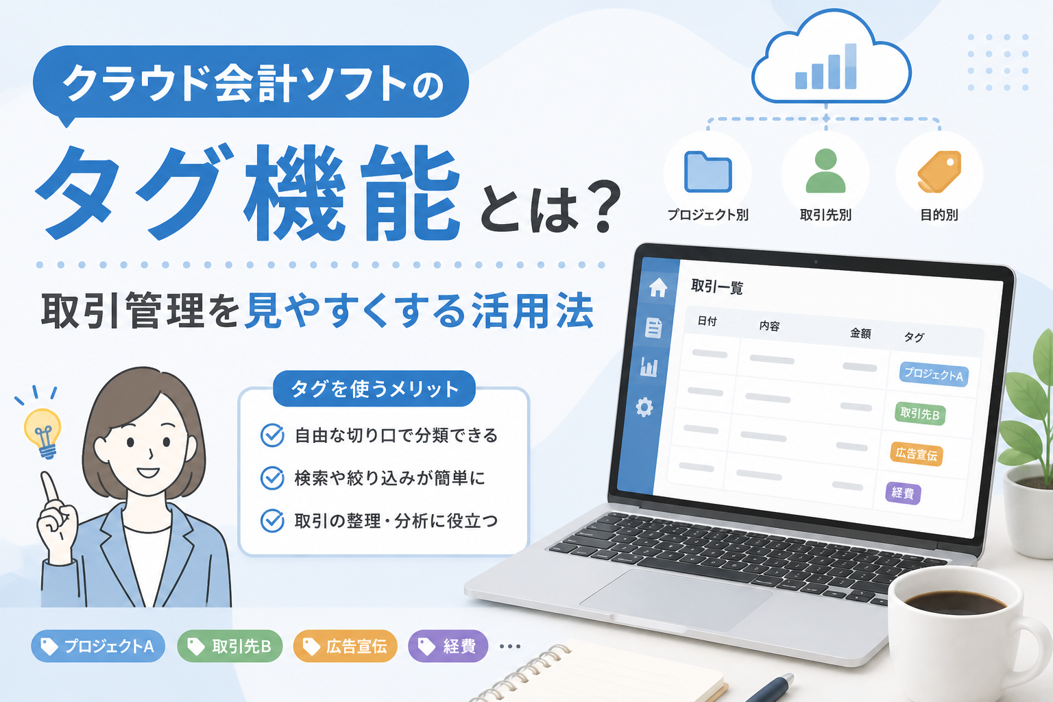 クラウド会計ソフトのタグ機能を使って、プロジェクト別・取引先別・目的別に取引を分類し、検索や分析をしやすくする方法を解説するアイキャッチ画像