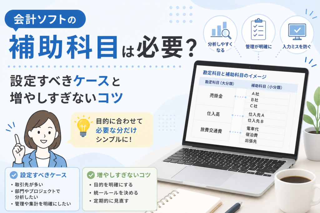 会計ソフトの補助科目について、設定すべきケースと増やしすぎないための整理方法を初心者向けに解説するアイキャッチ画像