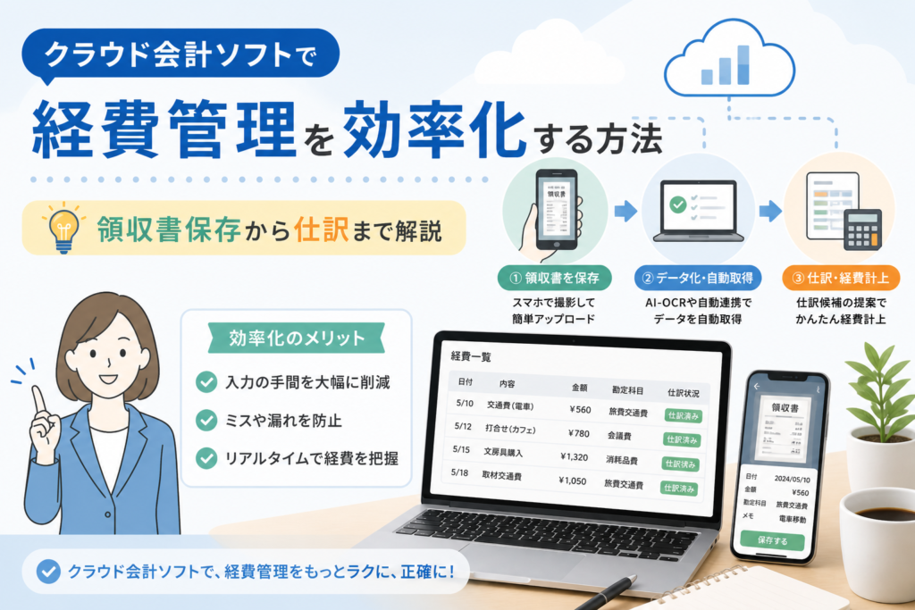 クラウド会計ソフトで経費管理を効率化し、領収書保存からデータ化、自動連携、仕訳・経費計上までの流れを解説するアイキャッチ画像