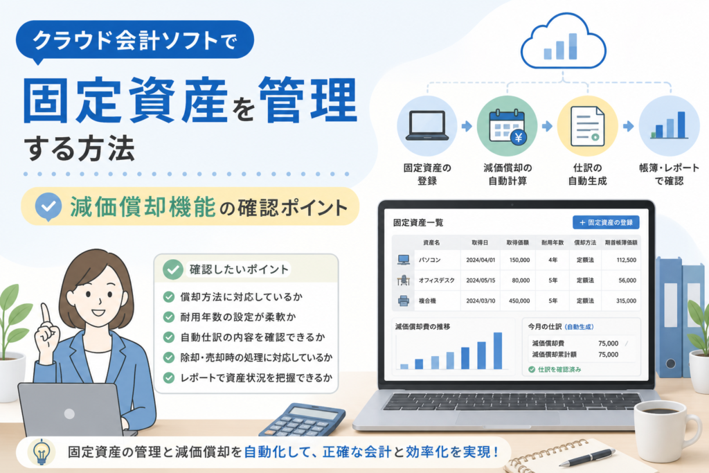 クラウド会計ソフトで固定資産を管理し、取得日・取得価額・耐用年数の登録から減価償却計算、仕訳作成、レポート確認までの流れを解説するアイキャッチ画像