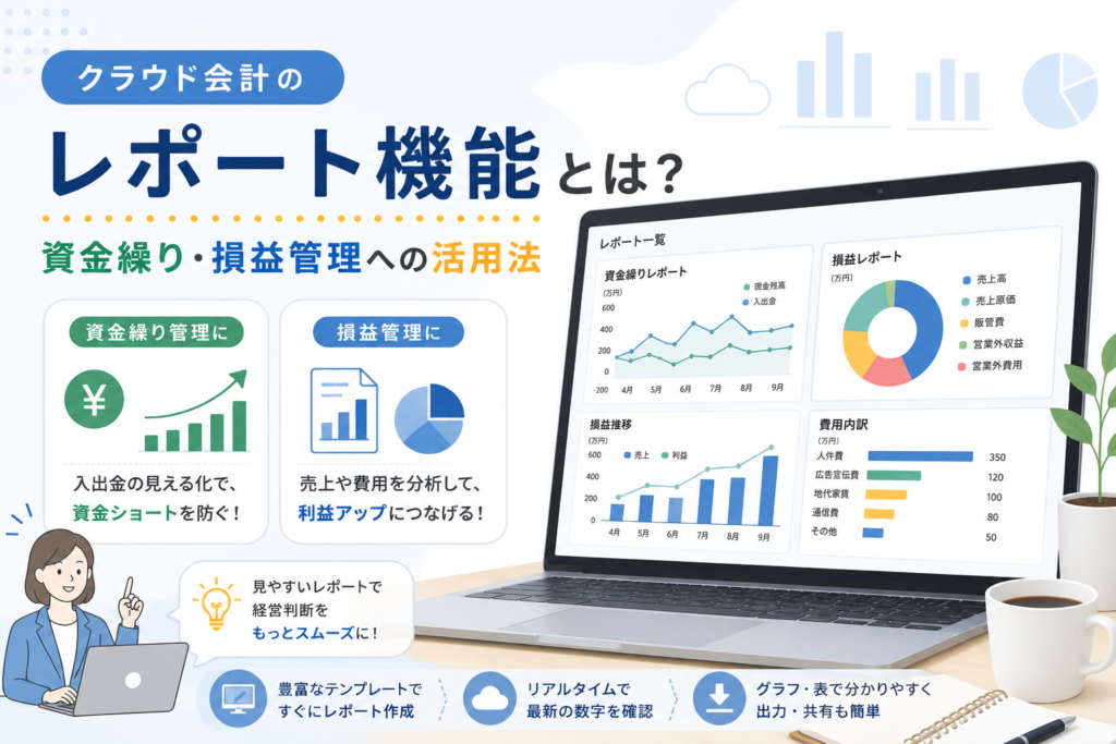 クラウド会計のレポート機能を使って、資金繰りや損益状況をグラフで確認し、経営判断に活用する方法を解説するアイキャッチ画像