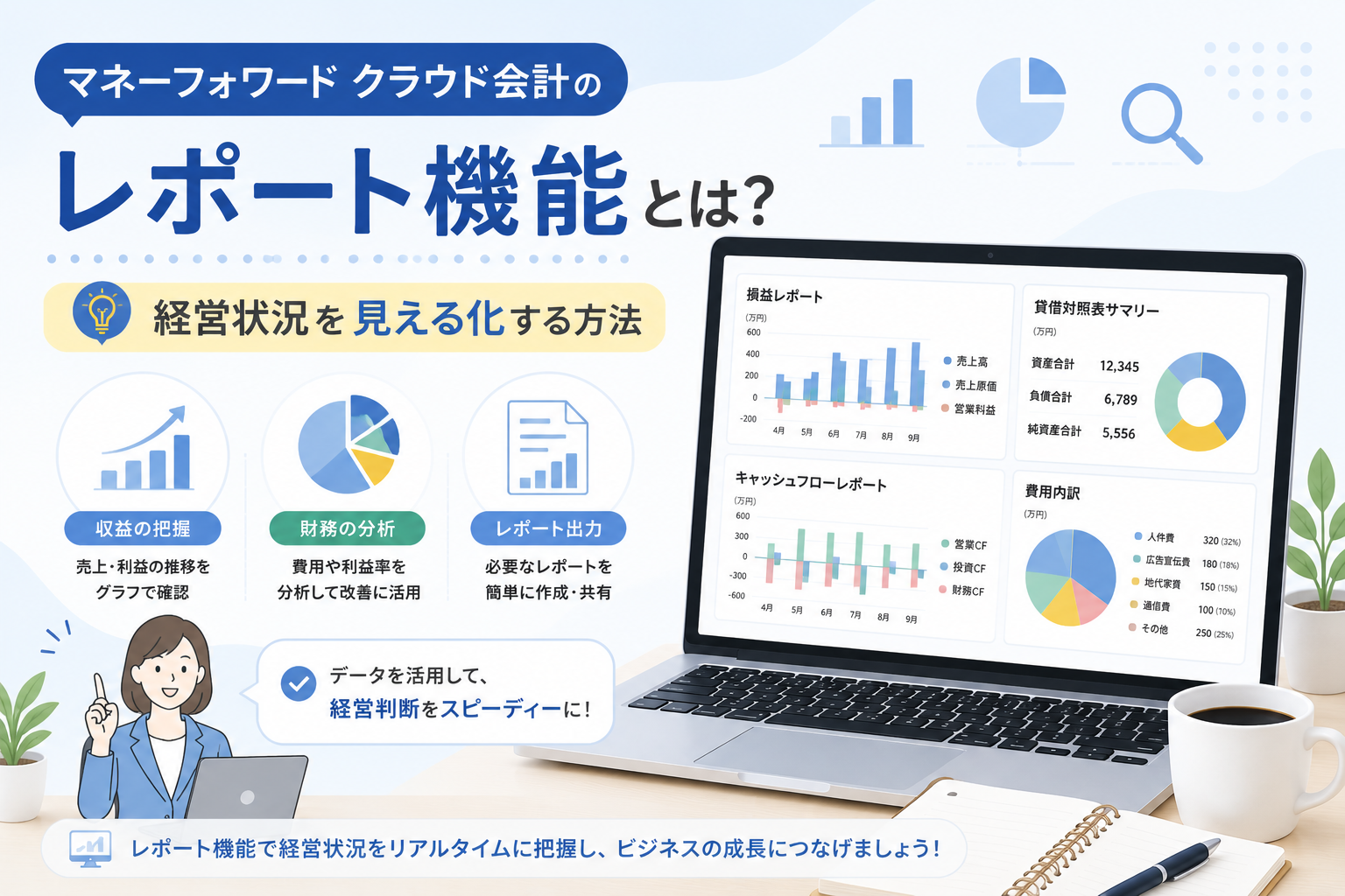 マネーフォワードクラウド会計のレポート機能を使って、収益・費用・キャッシュフローなどの経営状況をグラフで見える化する方法を解説するアイキャッチ画像