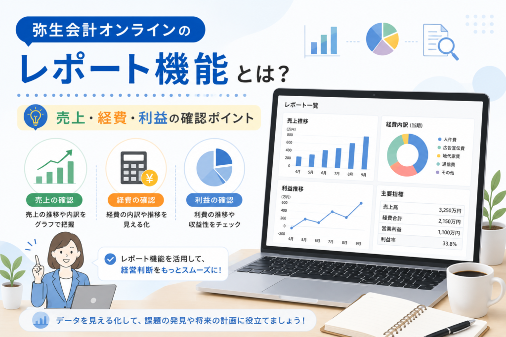 弥生会計オンラインのレポート機能を使って、売上・経費・利益の推移や内訳をグラフで確認し、経営判断に活用する方法を解説するアイキャッチ画像