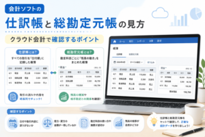 会計ソフトの仕訳帳と総勘定元帳の見方について、取引の流れや勘定科目ごとの残高をクラウド会計で確認するポイントを解説するアイキャッチ画像