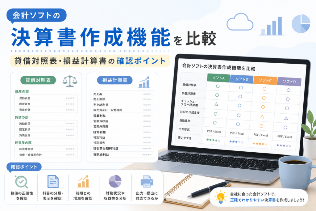 会計ソフトの決算書作成機能について、貸借対照表・損益計算書の出力や確認ポイントを比較し、決算作業に活かす方法を解説するアイキャッチ画像