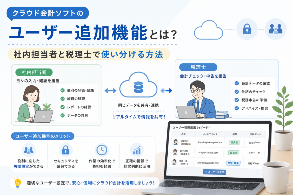 クラウド会計ソフトのユーザー追加機能を使って、社内担当者と税理士で権限を分けながら会計データを共有・確認する方法を解説するアイキャッチ画像