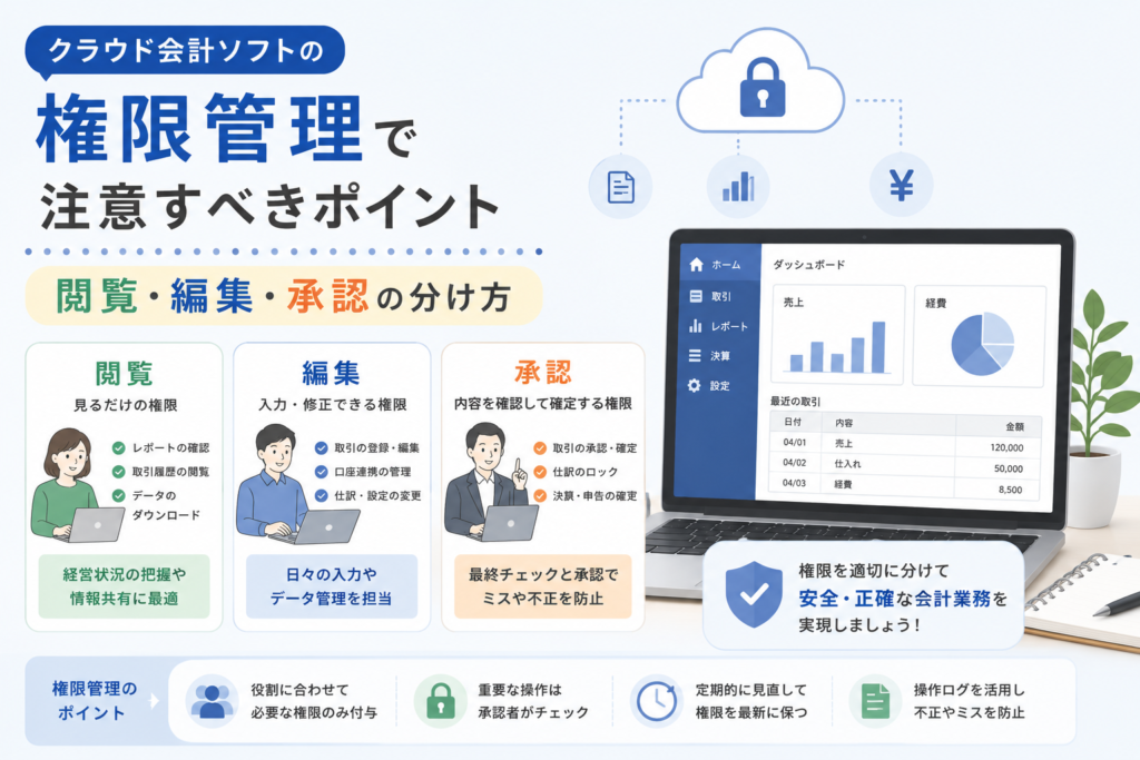 クラウド会計ソフトの権限管理について、閲覧・編集・承認の権限を役割ごとに分け、安全に会計データを管理する方法を解説するアイキャッチ画像
