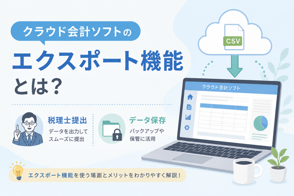 クラウド会計ソフトのエクスポート機能を使い、税理士提出や会計データ保存に活用する場面を表したアイキャッチ画像