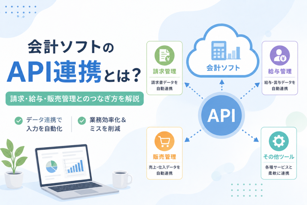 会計ソフトのAPI連携により、請求管理・給与管理・販売管理などの業務データを自動でつなぐ仕組みを表したアイキャッチ画像