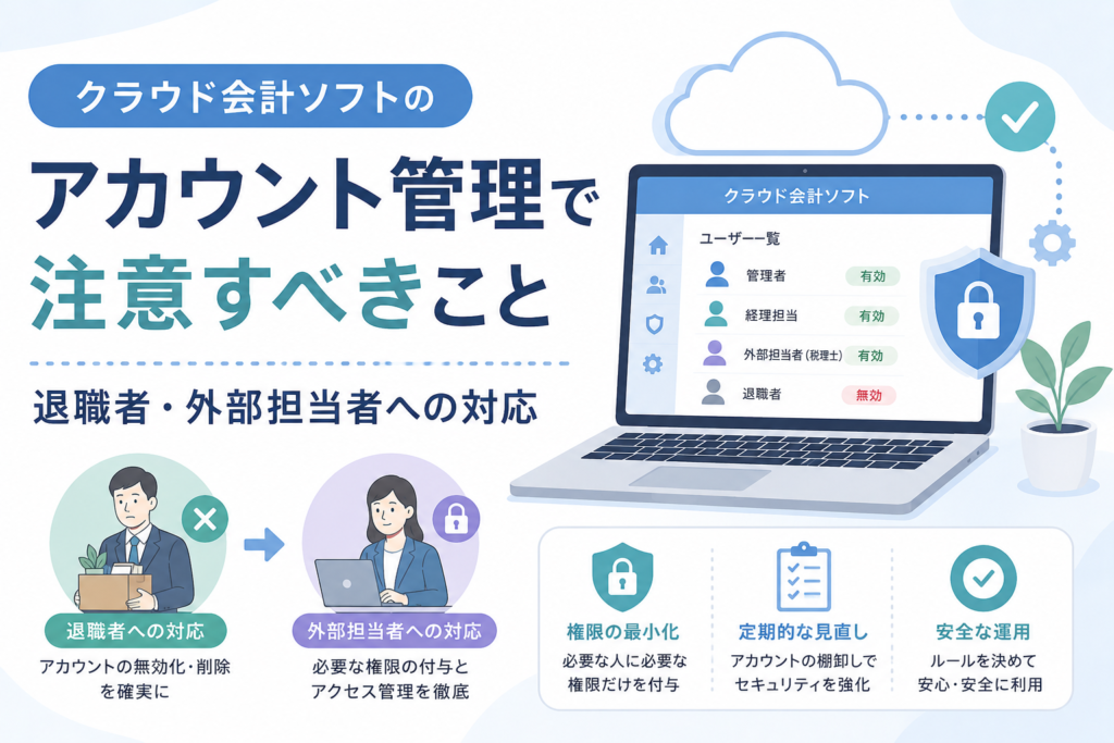 クラウド会計ソフトのアカウント管理において、退職者の権限削除や外部担当者のアクセス管理を行う場面を表したアイキャッチ画像