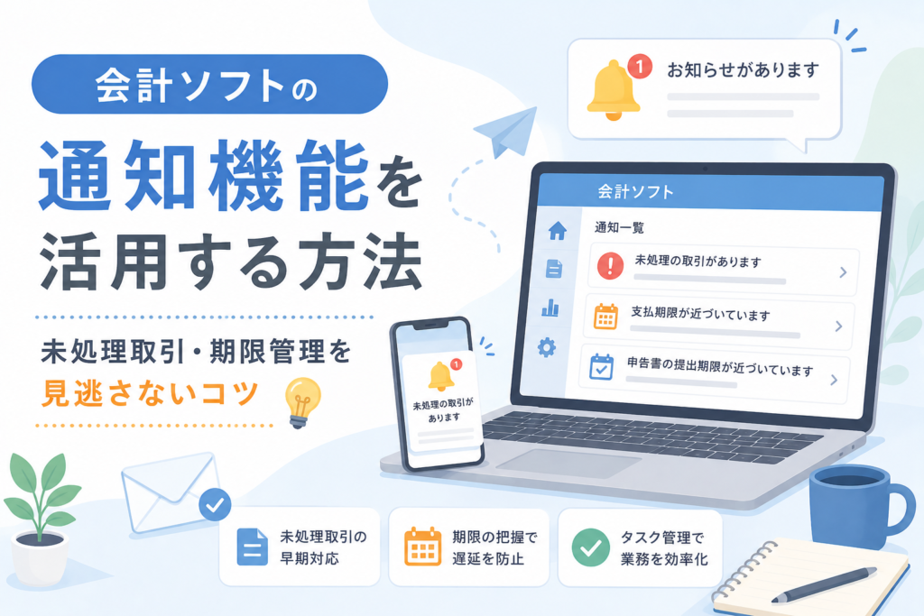 会計ソフトの通知機能を活用し、未処理取引や支払期限、申告期限を見逃さず管理する方法を表したアイキャッチ画像
