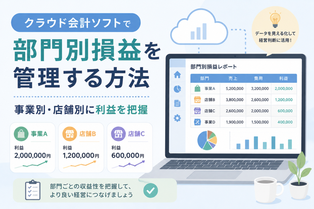クラウド会計ソフトで部門別損益を管理し、事業別・店舗別の売上、費用、利益を把握する方法を表したアイキャッチ画像