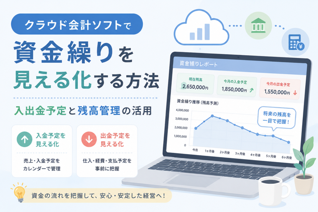 クラウド会計ソフトで入金予定、出金予定、残高推移を確認し、資金繰りを見える化する方法を表したアイキャッチ画像